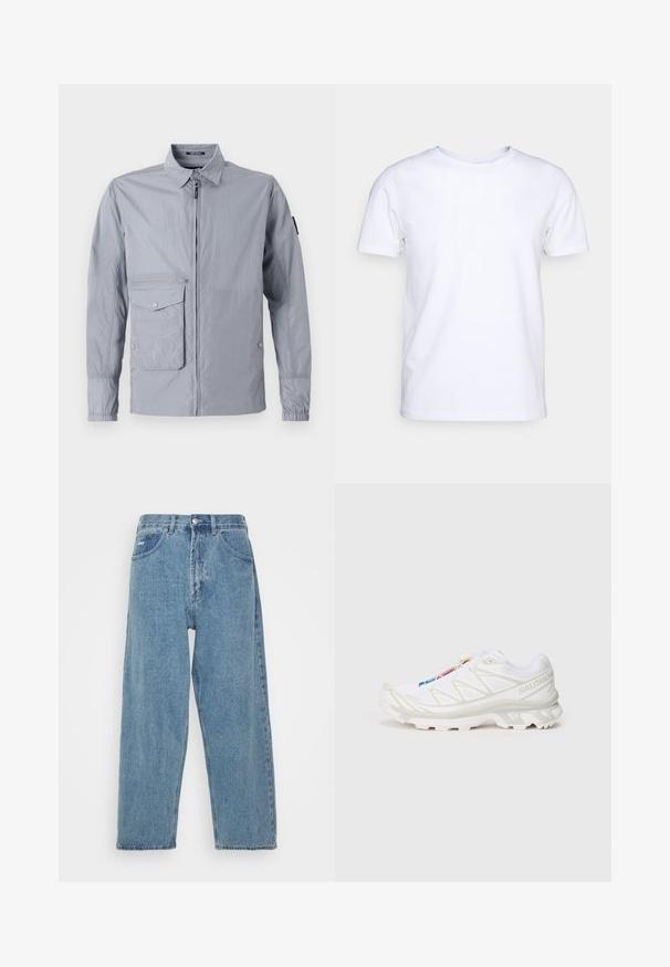 Light gray windbreaker jacket with a collared neckline, front zipper, and a side pocket. Features elastic cuffs and a smooth, shiny texture.; White short-sleeve t-shirt in cotton fabric with a round neckline. Simple design with no patterns or accents. Smooth texture.; Light blue denim jeans with a high-waist, relaxed fit, featuring two front pockets, a back patch pocket, and a button closure.; White athletic shoe with textured mesh upper, reflective accents, and a cushioned sole. Notable brand logo on the side.