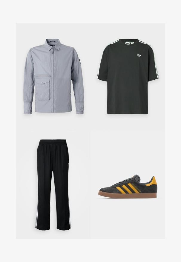 Giacca a vento grigio chiaro con colletto, zip frontale e tasca laterale. Presenta polsini elastici e una superficie liscia e lucida.; Maglietta nera in cotone con maniche corte, scollo rotondo e dettagli bianchi a tre strisce sulle spalle. Presenta un piccolo logo bianco sul petto.; Pantaloni da allenamento neri con elastico in vita, dotati di bande laterali bianche e un piccolo logo. Il materiale sembra morbido e leggero.; Sneaker in suede nero con dettagli gialli, dotato di tre strisce e una suola in gomma marrone. Include una linguetta imbottita per il comfort.