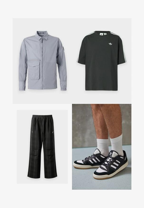 Helle graue Windjacke mit Kragen, Frontreißverschluss und einer Seitentasche. Verfügt über elastische Bündchen und eine glatte, glänzende Oberfläche.; Schwarzes Baumwoll-T-Shirt mit kurzen Ärmeln, Rundhalsausschnitt und weißen Dreistreifen-Details auf den Schultern. Verfügt über ein kleines weißes Logo auf der Brust.; Schwarze karierte Hosen mit elastischem Bund, zwei Fronttaschen und lockerer Passform im geraden Beinschnitt. Hergestellt aus leichtem Material.; Schwarz-weiße Sneaker mit einem Obermaterial aus Wildleder und Leder, ausgestattet mit drei weißen Streifen, einer perforierten Zehenpartie und einer Sohle aus Gummi.