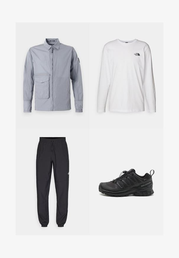 Giacca a vento grigio chiaro con colletto, zip frontale e tasca laterale. Presenta polsini elastici e una superficie liscia e lucida.; T-shirt bianco a maniche lunghe in cotone con colletto rotondo. Presenta un piccolo logo nero sul petto. Texture liscia, vestibilità regolare.; Pantaloni sportivi neri realizzati in tessuto leggero, con vita regolabile con cordino, tasche laterali e orli affusolati alle caviglie.; Scarpa sportiva nera con parte superiore in sintetico testurizzato, suola imbottita e sistema di allacciatura rapida. Presenta una punta e un tallone rinforzati.