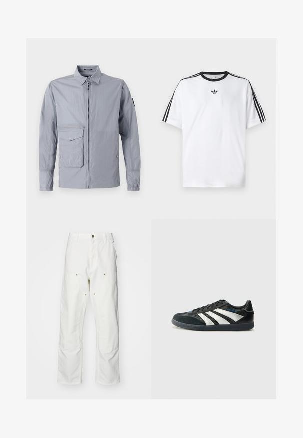 Lichtgrijze windjack met een kraag, een ritssluiting aan de voorkant en een zijzak. Heeft elastische manchetten en een gladde, glanzende textuur.; Witte T-shirt van katoen, met een zwarte ronde halslijn en drie zwarte strepen op elke schouder. Klein zwart logo op de borst.; Witte katoenen cargobroeken met een relaxte pasvorm. Kenmerken zijn onder andere voorzakken, gouden hardware accenten en versterkte kniezones.; adidas Performance PREDATOR FREESTYLE JUDE INDOOR FOOTBALL SHOES - Zaalvoetbalschoenen - core black/silver-coloured/glory blue