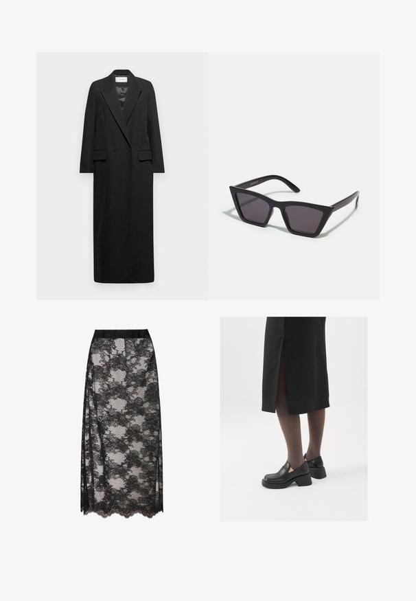 Črn dolg blazer iz gladkega blaga, z izrezanim ovratnikom, dvojno zapenjanje spredaj in dvema sprednjima žepoma z zavihkom. Preprost, krojen dizajn.; Črna rebrasta majica s turtleneck ovratnikom, kratkimi rokavi, prilegnjenim dizajnom, mehkimi vlakni, minimalnimi šivi in visokim ovratnikom.; Črna čipkasta krila s valovitim robom, ki prikazuje cvetličen vzorec in prosojno teksturo. Elastičen pas za udobno nošnjo.; Črne usnjene čevlje s zaobljenim prstom, debelim blokastim petama in elastičnimi stranskimi detajli, v kombinaciji s temno nogavicami in črno krilo z razporkom.; Črne, angularne sončne očala z sivimi lečami; izdelana iz plastike, imajo debele ročke z gladko površino in brez vidne opreme.