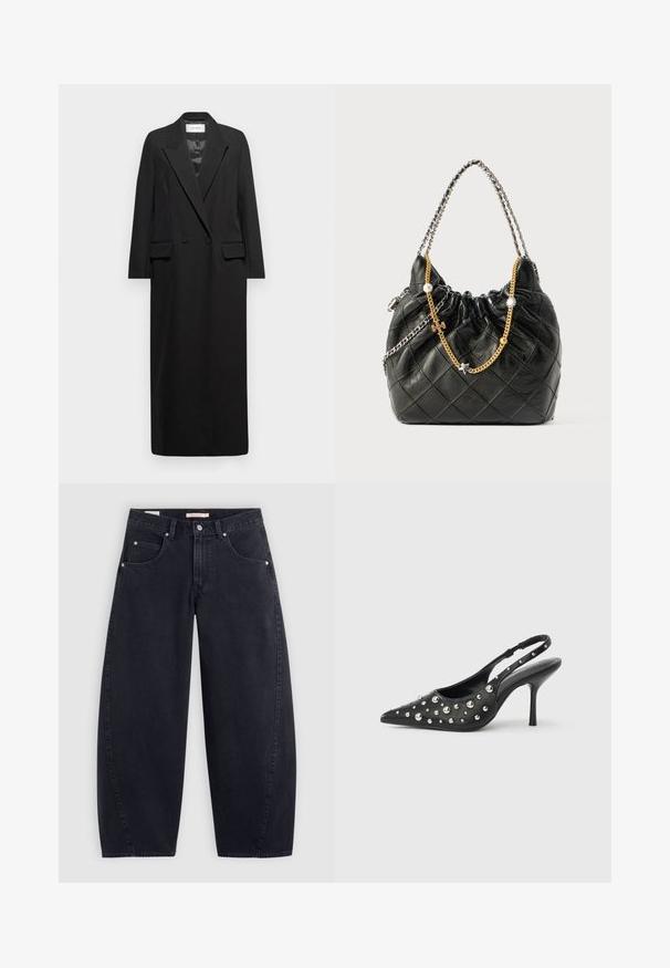 Zwarte lange blazer van gladde stof, met een reverskraag, dubbele knoopsluiting aan de voorkant en twee voorzakken met klep. Eenvoudig, tailor-made ontwerp.; Zwarte T-shirt van katoen, met korte mouwen over een witte lange mouw laag met een subtiel textuurpatroon. Ronde hals ontwerp.; Zwarte denim wijde pijpen jeans met een hoge taille, twee frontzakken en zilveren hardware. Gladde textuur, minimale stiksels en rechte snit.; Zwarte slingback hoge hak schoen met puntige neus, met studs en glanzende zilveren accenten. Glad lederen textuur met slanke stilettohak.; Zwarte leren handtas met een quiltpatroon, gerimpelde bovenkant en dubbele kettinghandvatten met gouden en zilveren accenten en decoratieve bedels.