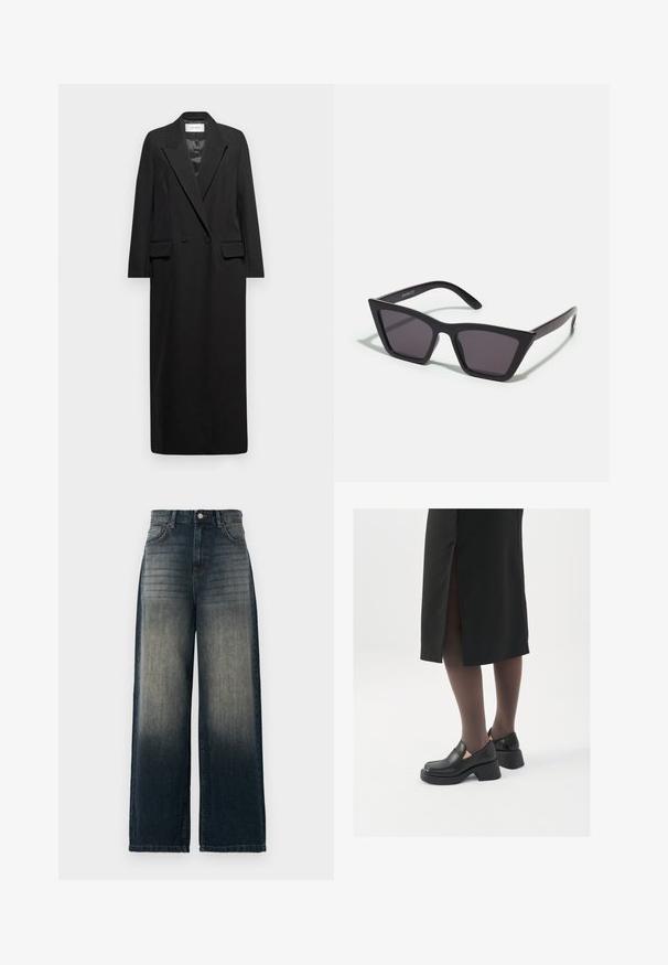 Černý dlouhý blazer vyrobený z hladké tkaniny, s klopovým límcem, dvouřadým zapínáním a dvěma předními kapsami s klopami. Jednoduchý, konfekčně vyrobený design.; Černý dlouhý rukáv ribkovaný top s vysokým límcem a detailem zadního zipu, s přiléhavým střihem a jemnou текстurou.; Kraťasy s širokými nohavicemi z tmavého denimu, se zesvětlenou gradientní barvou od tmavé po světlejší, pěti kapsami a kontrastním švem.; Černé kožené boty s kulatou špičkou, silným blokovým podpatkem a elastickými bočními akcenty, spárované s tmavými punčochami a černou sukní se rozparkem.; Černé, ostré sluneční brýle s šedými skly; vyrobené z plastu, s mohutnými rameny a hladkým povrchem bez viditelného hardwaru.