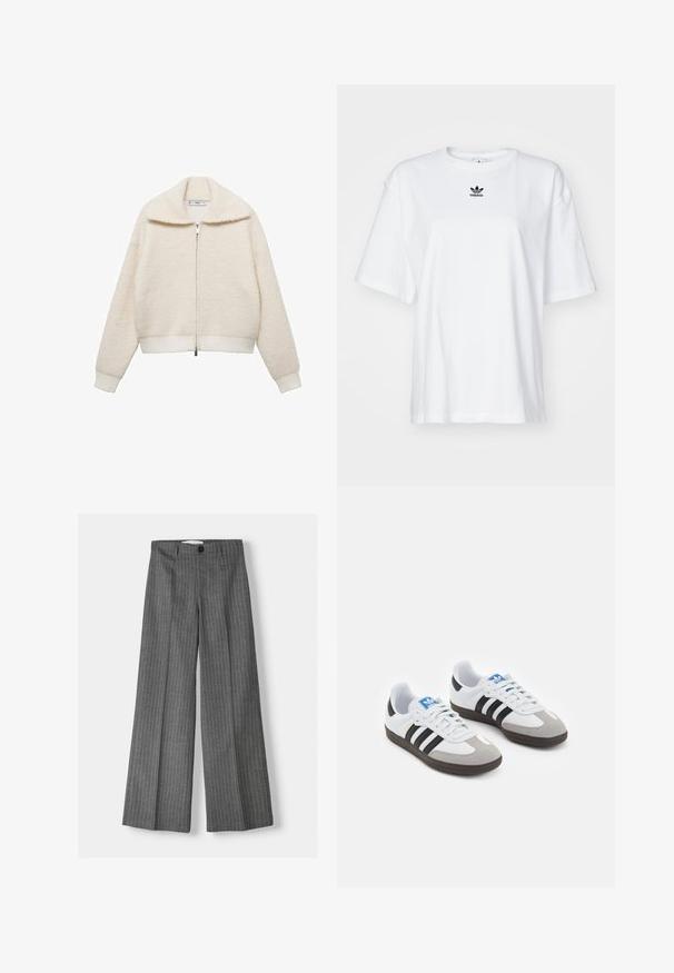 Jachetă din fleece texturat de culoare crem, cu guler înalt, fermoar complet și manșete și tiv cu bordură. Are o croială relaxată, scurtă.; Tricou alb cu mânecă scurtă, fabricat din bumbac. Are un guler rotund și un mic logo negru Adidas pe piept. Tiv drept.; Pantaloni gri cu picioare largi, având un model cu dungi, prezintă un închidere cu nasture și două buzunare frontale. Făcuți dintr-un material texturat.; Încălțăminte sport cu un superior din piele albă, vârf din suede gri și trei dungi negre. Prezintă un logo albastru pe limbă și o talpă din cauciuc texturat.