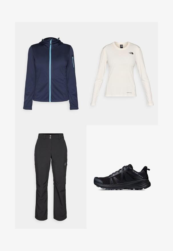 Marineblaue Softshell-Jacke mit einem blauen Reißverschluss, verstellbarem Kapuze und einer mit Reißverschluss versehenen Tasche am linken Ärmel. Leichter und strukturierter Stoff.; The North Face SHADOW LONG SLEEVE - Langarmshirt - white dune; Schwarze Outdoor-Hosen mit geradem Schnitt, Knopfverschluss, seitlichen Reißverschlusstaschen und einem Logo-Patch auf dem linken Oberschenkel.; Schwarzer Trailrunning-Schuh mit einem Obermaterial aus Mesh und Gummisohle. Mit strukturierten Überzügen, verstärkter Zehenkappe und Markenlogo an der Ferse.