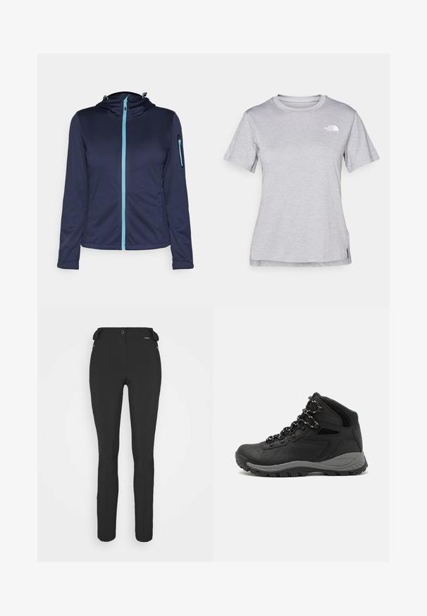 Navy softshell jacket with a blue zipper, adjustable hood, and a zippered pocket on the left sleeve. Lightweight and textured fabric.; Grey short-sleeve t-shirt made of soft, moisture-wicking fabric. Features a crew neck and a small white logo on the upper left.; Black, fitted pants made from a flexible material. Features include a zippered side pocket, articulated knees, and a smooth texture.; Black hiking boot with a mid-top design, featuring a textured upper, gray accents, and durable rubber sole with traction lugs.