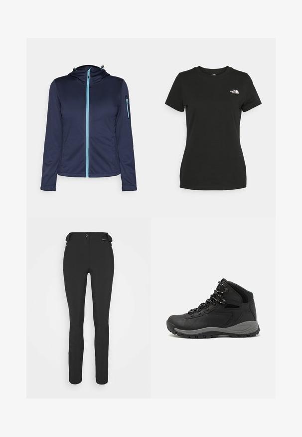 Navy softshell jacket with a blue zipper, adjustable hood, and a zippered pocket on the left sleeve. Lightweight and textured fabric.; Black cotton t-shirt featuring a crew neckline and short sleeves. Notable white logo on the upper left side. Smooth texture, casual fit.; Black, fitted pants made from a flexible material. Features include a zippered side pocket, articulated knees, and a smooth texture.; Black hiking boot with a mid-top design, featuring a textured upper, gray accents, and durable rubber sole with traction lugs.