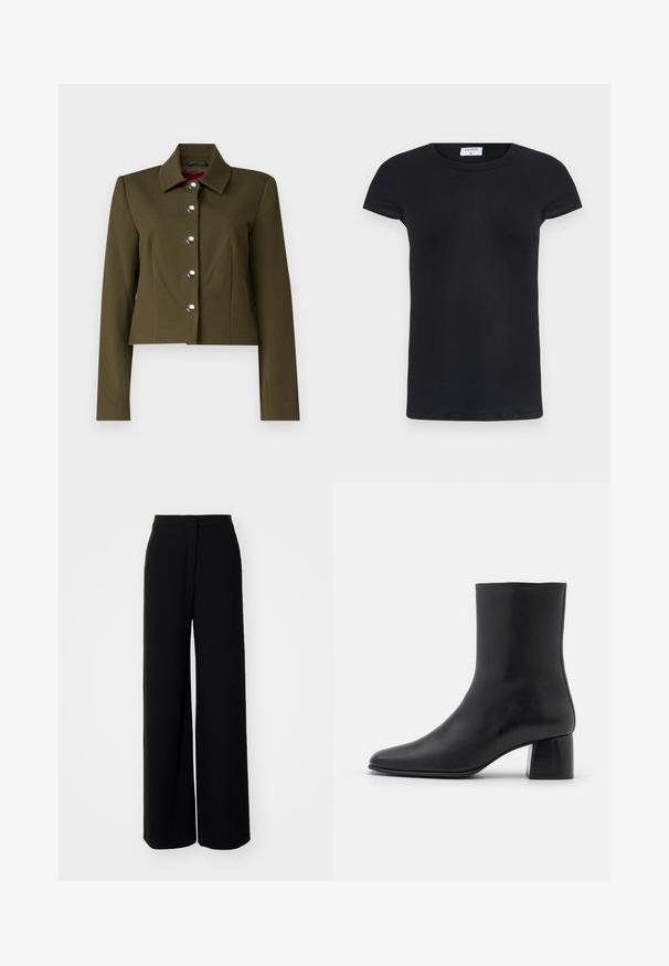 STAUD MARINO JACKET - Jachetă subțire - sergeant green; Tricou negru cu dungi, cu guler rotund și mâneci scurte. Țesătură moale cu o formă ajustată, având o etichetă la gât.; Pantaloni negri evazați cu talie înaltă, fabrică netedă, închidere cu buton frontal și fără buzunare vizibile, cu o croială ajustată.; Botine negre din piele, cu vârf ascuțit și toc pătrat masiv. Textură netedă, cu un design fără cusături și cusături minimaliste.