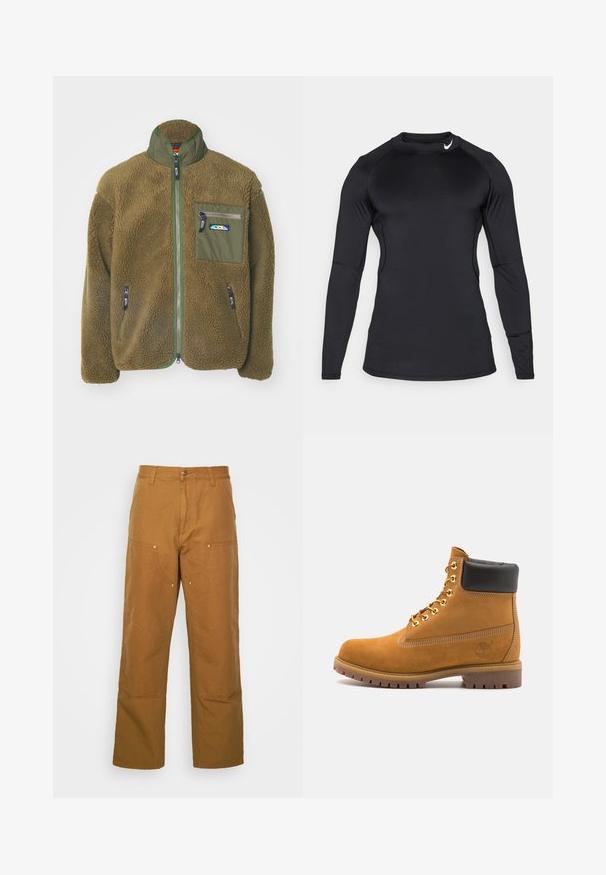 Manastash GORILLA JACKET - Winterjacke - khaki; Schwarzes, langärmeliges Sporthemd aus glattem, dehnbarem Material mit Rundhalsausschnitt und dezentem Logo oben links.; Braune Baumwoll-Arbeitshosen mit geradem Bein, die über Vordertaschen und Metallakzente für zusätzliche Strapazierfähigkeit verfügen.; Beige Wildleder-Ankle-Boot mit schwarzem gepolstertem Kragen, goldenen Metallösen, weißen Nähdetalben und einer robusten Gummisohle mit ausgeprägtem Profil.