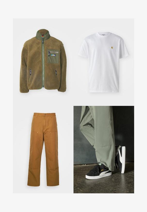 Manastash GORILLA JACKET - Winterjacke - khaki; Weißes Baumwoll-T-Shirt mit kurzen Ärmeln, Rundhalsausschnitt, mit einem kleinen goldenen Logo im linken Brustbereich. Weicher Stoff und normale Passform.; Braune Baumwoll-Arbeitshosen mit geradem Bein, die über Vordertaschen und Metallakzente für zusätzliche Strapazierfähigkeit verfügen.; Schwarze Wildleder-Sneaker mit weißen Gummisohlen und seitlichen Streifen, kombiniert mit hellgrünen Cargo-Hosen, stehen auf einer strukturierten dunklen Oberfläche.