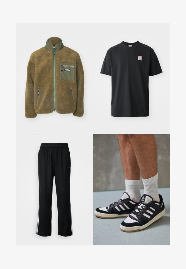 Manastash GORILLA JACKET - Winterjas - khaki; Zwarte katoenen t-shirt met ronde hals, korte mouwen en een klein gekleurd label op de linkerkant van de borst met het woord "SUPERIOR."; Zwarte sportbroeken met een elastische tailleband, voorzien van witte zijkanten en een klein logo. Het materiaal lijkt zacht en lichtgewicht te zijn.; Zwart-witte sneakers met een bovenwerk van suede en leer, voorzien van drie witte strepen, een geperforeerde neus en een rubberen gumzool.