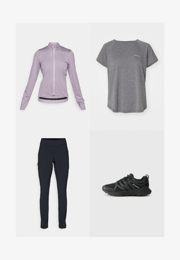 Svjetloljubičasta biciklistička jakna, lagani materijal, potpuni zip sprijeda, duge rukave, unutra uvučen rub s elastičnom trakom, s logom otisnutim na prsima.; Siva majica s kratkimi rokavi z diskretnim teksturiranim vzorcem, okroglim izrezom in Columbia logotipom na prsih. Mehka tkanina, sproščen kroj.; Črne športne hlače s slim fit krojem, elastičnim pasom in stransko žepom z zadrgo. Gladek, raztegljiv material z minimalnimi šivi.; Columbia PEAKFREAK - Pohodniški čevlji - black