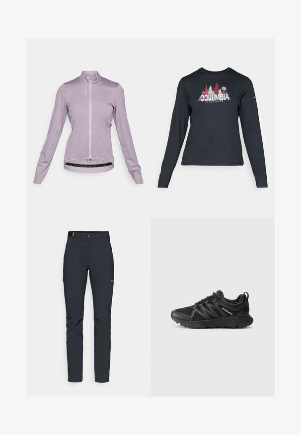 Lyslilla cykeljakke, letvægtsstof, fuld lynlås foran, lange ærmer, bukket kant med elastisk bånd, med logo trykt på brystet.; Langærmet mørkegrå skjorte med grafik af røde træer og bjerge; "COLUMBIA" logo i fed hvid tekst. Blødt stof, standard rund hals.; Herrers udendørsbukser, mørkegrå, lavet af fleksibelt materiale, med bælte, lynlåslommer og forstærkede syninger.; Columbia PEAKFREAK - Hikingsko - black