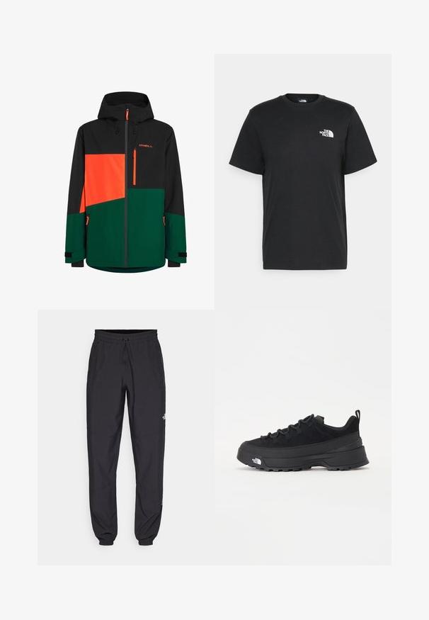 Veste noire et verte avec des accents orange ; dotée d'une capuche, de poches zippées et d'un design de bloc de couleur géométrique. Matériau imperméable.; T-shirt en coton noir à manches courtes, col rond, avec un petit logo blanc sur la poitrine gauche. Design simple, texture lisse et coupe décontractée.; Pantalon de sport noir en tissu léger, avec une taille à cordon, des poches latérales et des chevilles resserrées.; Baskets de plein air noires avec une tige en daim, semelle en caoutchouc texturé et un système de laçage robuste. Comprend un talon renforcé et un logo de la marque sur le côté.