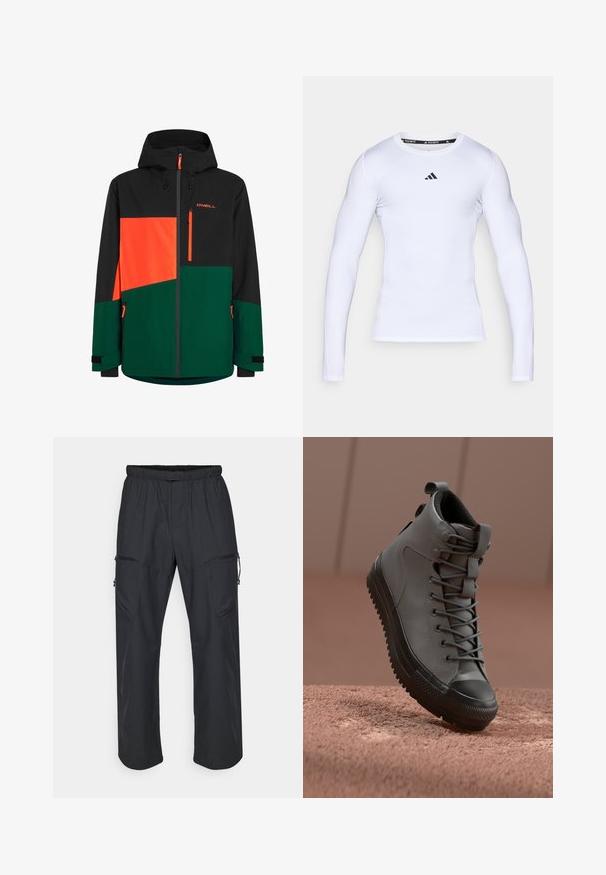 Zwarte en groene jas met oranje accenten; heeft een capuchon, ritszakken en een geometrisch kleurblokontwerp. Waterdicht materiaal.; Witte langarm sportshirt gemaakt van rekbare stof, met een ronde halslijn en een zwart Adidas-logo op de borst.; Zwarte cargo broek met een elastische tailleband, twee ritszakken en een lichte, zachte stofstructuur.; Hoge sneaker van grijs leer met een gestructureerde afwerking, zwarte rubberen neus en grijze veters. Beschikt over een trekkoord aan de hiel.