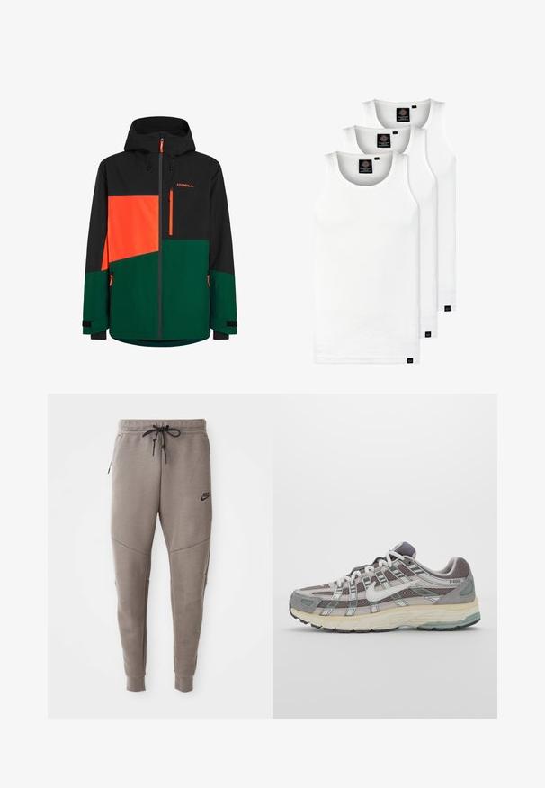 Chaqueta negra y verde con detalles en naranja; cuenta con capucha, bolsillos con cremallera y diseño de bloques de color geométricos. Material impermeable.; Tres camisetas sin mangas de algodón de color blanco con canalé. Cuentan con cuello redondo y pequeñas etiquetas negras cerca del dobladillo. Disponibles en múltiples tamaños.; Pantalones de chándal grises de Nike con cintura ajustable, piernas ajustadas, bolsillos laterales y costuras distintivas. Tejido suave y texturizado.; Zapatilla deportiva gris con parte superior de malla y ante, acentos blancos, suela acolchada y un diseño distintivo con elementos reflectantes.