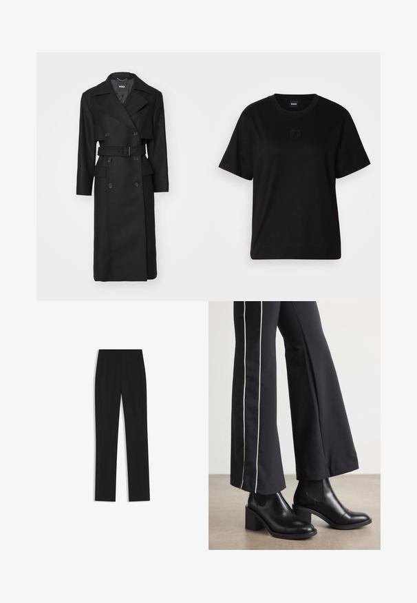 BOSS CASPINA - Klassisk kappa / rock - black; Svart bomullströja med rund halsringning, korta ärmar och en broderad logotyp på bröstet. Enkel, avslappnad passform utan mönster.; Svarta skräddarsydda byxor med rak bendesign, som har framfickor och ett slätt, strukturerat tyg. Prydlig, minimal detaljer.; Svarta läderankelboots med klack, med elastiska sidopaneler. I kombination med svarta byxor som har en vit sidostrip.