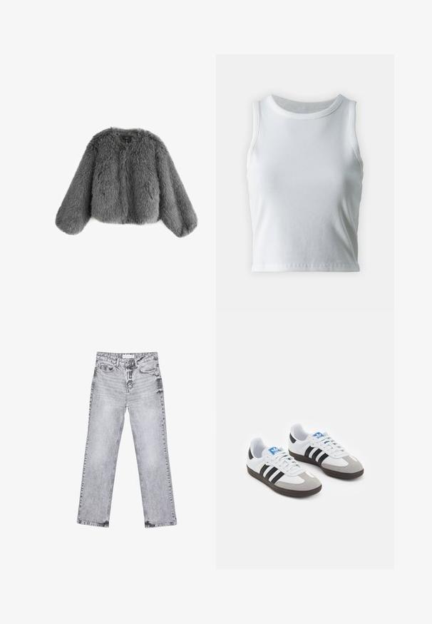 Siva lažna krzna jakna s zaobljenim izrezom, spuštenimi rameni in dolgimi, širokimi rokavi, ki se ponaša s mehkimi, teksturiranimi površinami.; Bela rebrasta majica brez rokavov z okroglo izrezom, s pravo hem in gladko, elastično strukturo.; Sive traperice z ravnim krojem, z obdelanimi detajli, petimi žepi in bakrenimi zakovicami. Pas ima oznako z logotipom.; Športni čevlji z belim usnjenim zgornjim delom, sivim semišem na prstih in tremi črnimi črtami. Imajo modro logo na jeziku in teksturiran gumijast podplat.