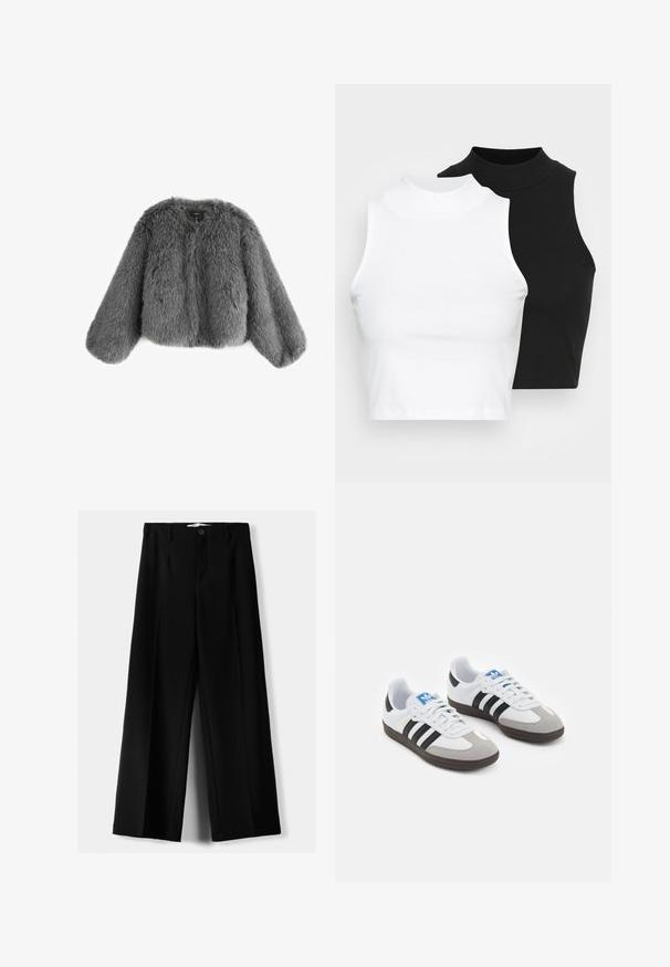 Grijze nepbontjas met een ronde halslijn, verlaagde schouders en lange, brede mouwen, met een zachte, textuurachtige afwerking.; Twee mouwloze ribgebreide coltruien in zwart en wit, met een slim fit ontwerp en een gladde textuur, met een cropped lengte.; Zwarte wijde broek van lichtgewicht stof, met een knoopsluiting aan de voorkant en een vlakke achterkant, afgewerkt met keurig gestikte zoom.; Sportschoenen met een witte leren bovenkant, grijze suède neus en drie zwarte strepen. Bevat een blauw logo op de tong en een gestructureerde rubberen zool.