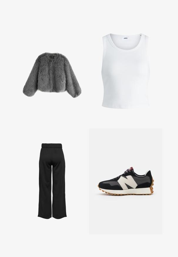 Gray faux fur jacket with a rounded neckline, dropped shoulders, and long, wide sleeves, featuring a soft, textured finish.; White ribbed tank top featuring a round neckline, sleeveless design, and a cropped length. Label reads "JJXX." Smooth fabric texture.; Black, wide-leg pants with an elastic waistband, made from smooth fabric. Features a clean design with no pockets or visible stitching details.; Black and gray suede sneaker with a large cream-colored "N" logo, purple laces, and a textured gum rubber outsole.
