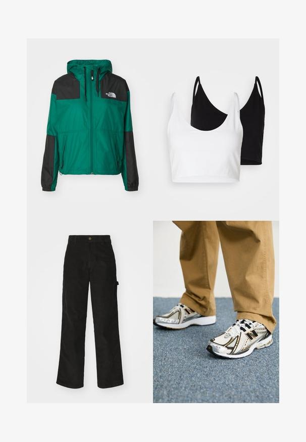 The North Face SHERU - Jakna za nošenje na otvorenom - evergreen; Dva pamukasta crop topa u bijeloj i crnoj boji. Svaki ima dubok izrez i tanke naramenice, s glatkom, mekanom teksturom.; Crne kordura hlače s ravnim nogavicama, s kopčanjem na gumb i bočnom džepom. Glatka tekstura s finim vertikalnim prugama.; Bijele i srebrne patike New Balance s crnim naglasima i vezicama, s mrežastim gornjim dijelom, uloškom s amortizacijom i dinamičnim dizajnom.
