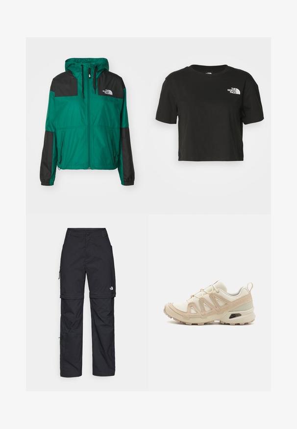 The North Face SHERU - Outdoorjakke - evergreen; Sort cropped t-shirt lavet af bomuld. Har en rund halsudskæring og korte ærmer, med et hvidt logo på venstre brystområde.; Sorte nylon cargo bukser med lynlås, justerbare manchetter, flere lommer og et logo på højre ben. Glat, let tekstur.; Beige og creme atletiksko med struktureret mesh-overdel, støttende overlays og gummiyderside med et mønster for trækkraft.