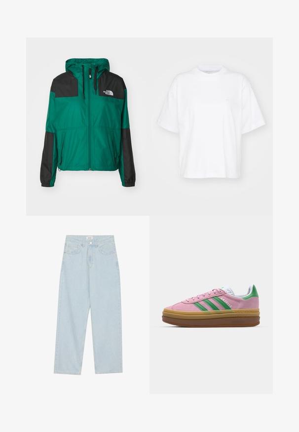 The North Face SHERU - Outdoorjakke - evergreen; Hvit bomulls t-skjorte med rund hals, korte ermer og en avslappet passform. Har en subtil logo på venstre brystområde. Glatt tekstur.; Lys blå vide jeans laget av denim, med middels høyde på livet, fem lommer og en knappelukking med en slank metalldetalj.; Rosa semskede sneakers med grønne striper, hvite detaljer og en brun gummisåle. Har teksturert stoff og logodetaljer på siden.