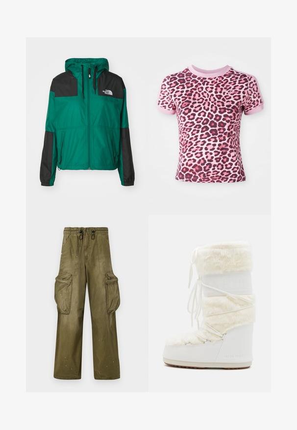 The North Face SHERU - Outdoorjakke - evergreen; Lyserød leopardmønster t-shirt med korte ærmer, der har en rund halsudskæring og kontrasterende lyserøde manchetter, lavet af blødt, strækbart materiale.; Olivengrønne cargobukser med en afslappet pasform, elastisk talje, snøre, to sidelommer og to store cargolommer. Let slid.; Hvide Moon Boots med faux fur overdel, snørebånd foran og gummisål. Struktureret overflade og præget logo på siden. Kraftig, polstret design.