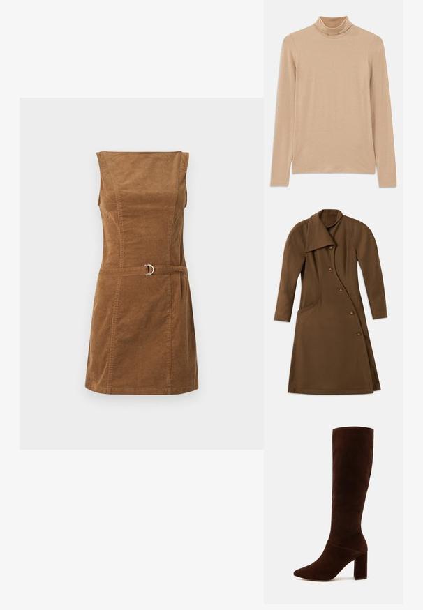 Abrigo largo marrón con un frente asimétrico, costura lateral curvada y cuatro botones con un detalle de emblema en tono dorado.; Vestido de pana marrón con escote cuadrado, diseño sin mangas, corpiño ajustado y un cinturón con un detalle de herraje circular plateado.; Top de cuello alto de manga larga en color beige, hecho de una suave tela texturizada; presenta un ajuste ceñido y un escote alto. Sin patrones o elementos metálicos visibles.; Bota de ante marrón hasta la rodilla con punta afilada y un tacón cuadrado grueso. Textura suave con un caña ajustada y sin cierres visibles.; Bolso de ante marrón con una correa corta. Presenta un logo plateado, un acento de estrella y una textura suave. Forma rectangular compacta.