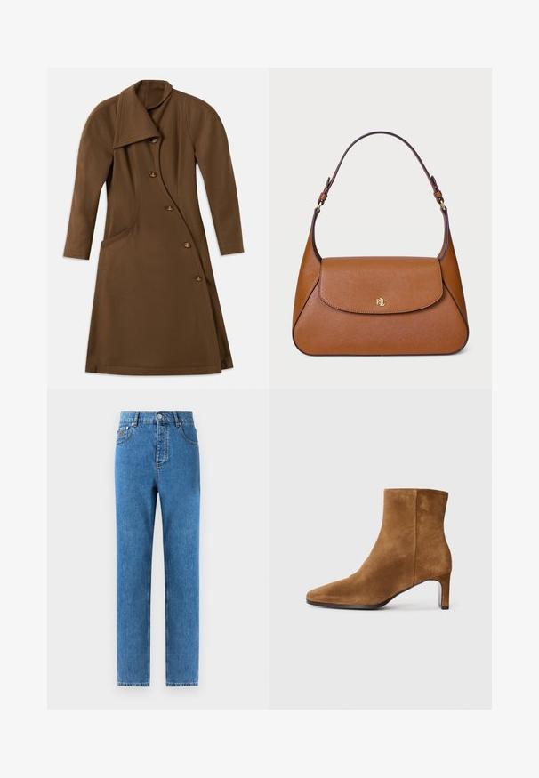 Cappotto lungo marrone con un frontale asimmetrico, cucitura laterale curva e quattro bottoni con un dettaglio in rilievo color oro.; Maglione beige a collo alto realizzato in morbido tessuto a maglia, con maniche lunghe e un logo del marchio discreto sul petto. Polsini e orlo a coste.; Jeans in denim di un blu medio con taglio dritto, cinque tasche, chiusura con bottone e leggera scoloritura sul tessuto per una variazione di texture sottile.; Stivaletto in camoscio marrone con punta affusolata e tacco medio sottile, vista laterale su sfondo bianco uniforme.; Borsa a tracolla in pelle marrone con un design strutturato, una patta superiore piatta e una sola tracolla curva. Presenta finiture dorate con logo impresso.