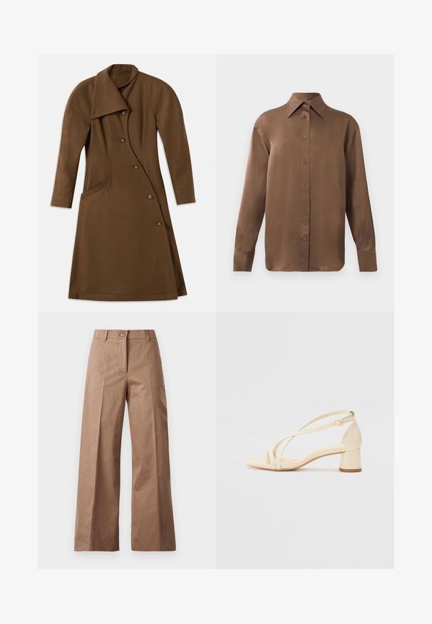 Hnědý dlouhý kabát s asymetrickým předním dílem, zakřiveným bočním švem a čtyřmi knoflíky s detailem zlatého emblému.; Hnědá košile s dlouhým rukávem, zapínaná na knoflíky, s špičatým límcem a manžetami, vystavená na jednobarevném bílém pozadí.; Hnědé kalhoty s širokými nohavicemi vyrobené z hladké tkaniny, s předním zapínáním na knoflík, dvěma předními kapsami a čistými, dobře střiženými liniemi.; Béžové sandály na podpatku s blokovým podpatkem, s řemínkovým designem a nastavitelným kotníkovým páskem, vyrobené z hladkého syntetického materiálu s matným povrchem.