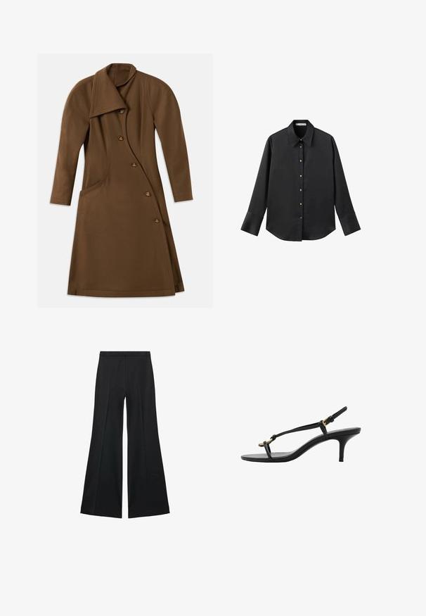 Bruine lange jas met een asymmetrische voorkant, gebogen zijnaad en vier knopen met een goudkleurig embleem detail.; Zwarte lange mouwen shirt van gladde stof, met een klassieke kraag, een sluiting met knopen aan de voorkant met gouden knopen en brede manchetten.; Zwarte wijde-pijpen broek met een gladde textuur, gekenmerkt door voorplooien en een op maat gemaakte uitstraling. De stof is lichtgewicht en vloeiend.; Zwarte leren kitten heel sandaal met dunne banden, gouden gesp en minimalistische teenlus op een witte achtergrond.