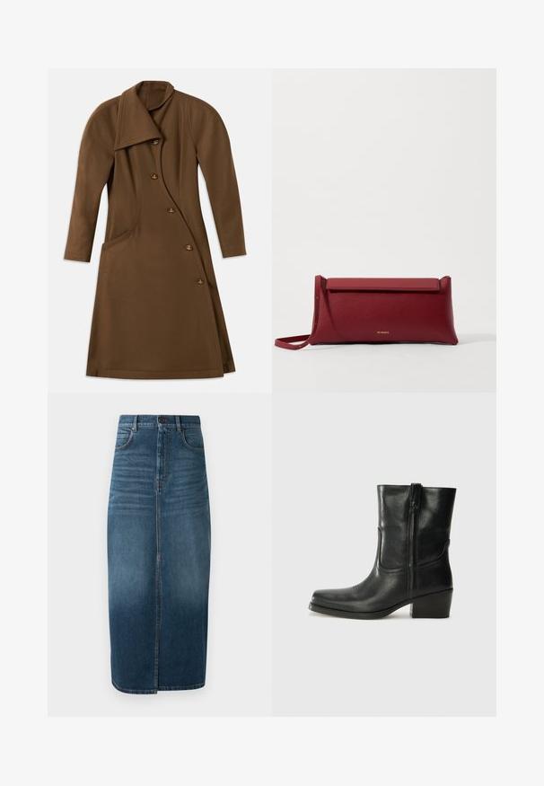 Abrigo largo marrón con un frente asimétrico, costura lateral curvada y cuatro botones con un detalle de emblema en tono dorado.; Blusa corta de manga corta blanca con bordado floral azul, escote redondo y patrones intrincados a lo largo del frente y las mangas.; Falda midi de mezclilla en índigo oscuro, con una abertura delantera y un ligero desvaído. Diseño clásico de cinco bolsillos con cierre de botón metálico.; Botín negro de cuero hasta el tobillo con punta redondeada, tacón cuadrado, cremallera lateral y detalles de costura en el empeine. Textura suave, diseño clásico.; Bolso de mano de cuero rojo con un acabado texturizado, que presenta una parte superior plana y un asa corta. Sutil logo de la marca en la parte frontal.
