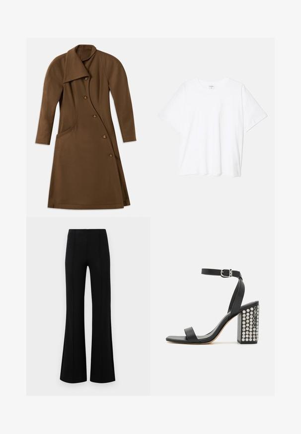 Abrigo largo marrón con un frente asimétrico, costura lateral curvada y cuatro botones con un detalle de emblema en tono dorado.; Camiseta de algodón blanca con mangas cortas, escote redondo, corte relajado y dobladillo cosido. Etiqueta visible en el interior del cuello.; Pantalones acampanados negros de cintura alta, fabricados en tejido elástico. Presentan detalles de costura vertical en la parte delantera y una textura suave.; Sandalias de tacón de cuero negro con correa en el tobillo. Presentan una punta cuadrada, textura suave y un tacón cuadrado decorado con tachuelas plateadas.