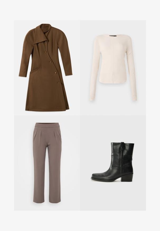 Ruskea pitkä takki, jossa on epäsymmetrinen etuosa, kaareva sivusauma ja neljä nappia, joissa on kultasävyinen emblemityyppinen yksityiskohta.; Pitkähihainen, vaaleanbeige paita, jossa on pyöreä kaula-aukko. Valmistettu pehmeästä kankaasta, jossa on keskeinen sauma ja hieman kaareva helma. Ei näkyvää metalliosaa.; Harmaat löysät housut, joissa on joustava vyötärö ja etutaskut, valmistettu sileästä kankaasta.; Musta nahkasaapas nilkkamittaisella varrella, pyöreällä kärjellä, lohkarekorolla, sivuvetoketjulla ja ompeluaksentilla varren yläosassa. Suora pinta, klassinen muotoilu.