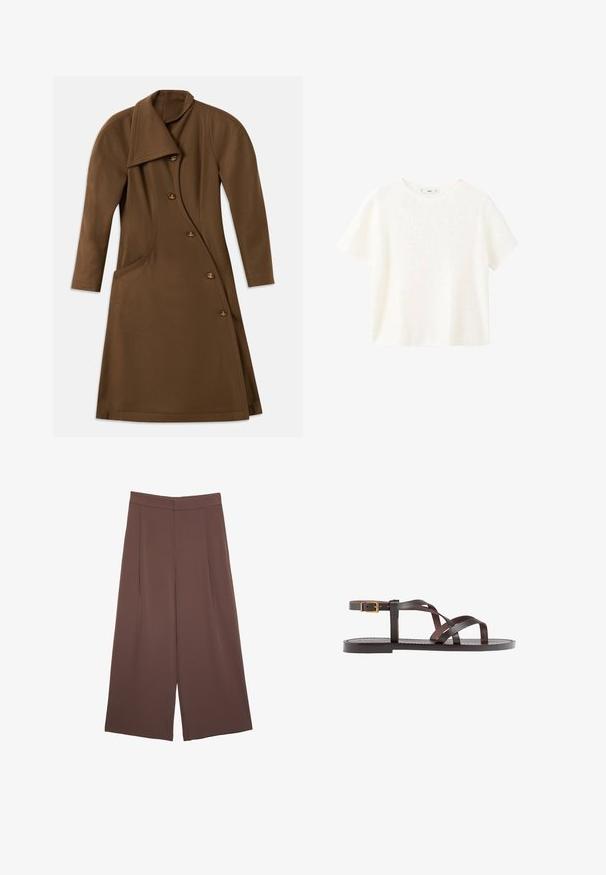 Hnedý dlhý kabát s asymetrickým predným dielom, zakriveným bočným švom a štyrmi gombíkmi s detailom zlatého emblému.; Biely krátky rukáv ribbovaného trička s okrúhlym výstrihom. Mäkka textúra a voľný strih, s jednoduchým dizajnom bez dodatočných vzorov.; Hnedé nohavice so širokými nohavicami a hladkou textúrou, s vysokým pásom a prednými skladmi. Tkanina je ľahká a voľne sa pohybuje.; Hnedé kožené sandály s krížovými popruhmi, uzatváraním na pracku okolo členku a plochou podrážkou s minimálnymi ševmi.