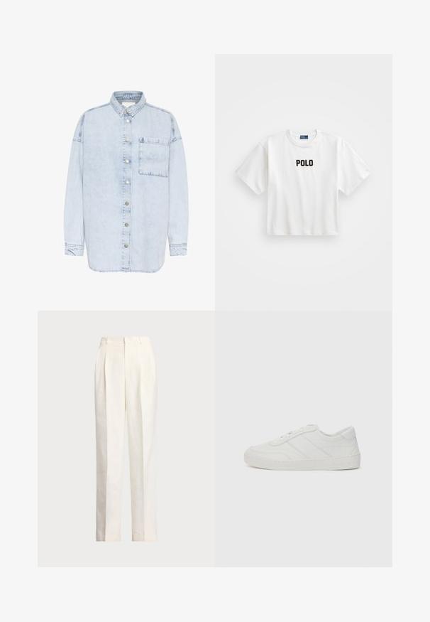 Heledad sinine teksajakk, millel on nööpidega esikülg, üks rinna tasku ja pikad varrukad. Omab hõbedaseid nupukinnitusi ja lõdva istuvust.; Valge puuvillane t-särk lühikeste varrukatega, mille esiküljel on must tikand „POLO“ logo. Lihtne, kastjaoline disain.; Polo Ralph Lauren HEMP WIDE LEG PANT - Püksid - nevis; Valge nahast sneaker, millel on lamedad paelad, ümar nina ja peened õmblused. Omab tekstureeritud tallat ja reljeefset brändi logo kanna juures.