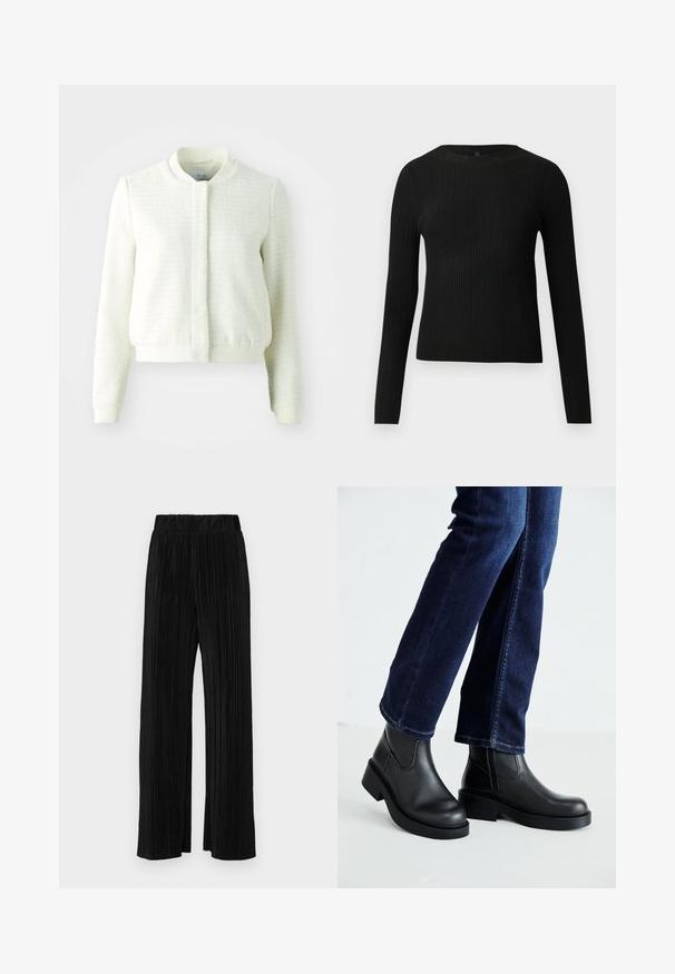 White cropped bomber jacket with textured fabric, ribbed cuffs and waistband, and a stand-up collar. No visible fastenings.; Black ribbed long-sleeve fitted sweater with a round neckline, displayed against a plain light background.; Black pleated trousers with an elastic waistband. Features wide legs and a smooth, textured fabric with vertical stripes.; Black leather ankle boots with a chunky sole and side elastic panels, paired with dark blue jeans. The ground is light-colored.