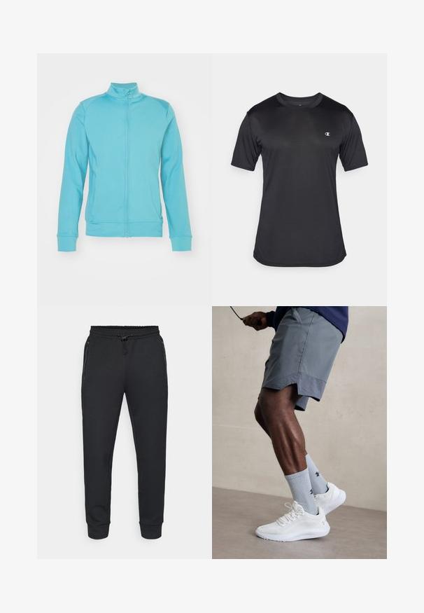 Svijetloplavi zip-up jakna s visokim ovratnikom, dugim rukavima, rebrastim manžetama i rubom; napravljena od mekane, rastezljive tkanine; minimalni šavovi.; Crna kratka majica s kratkim rukavima za sport od teksturiranog, prozračnog materijala; ima okrugli izrez i logo na lijevoj strani prsnog koša.; Crne atletske trenirke s elastičnom trakom za podešavanje struka, bočnim patentnim zatvaračima i rebrastim manžetama. Izrađene od mekanog, teksturiranog materijala.; Bijele sportske tenisice s teksturiranim mrežastim gornjim dijelom, uparene s svijetlo plavim rebrastim čarapama s logotipom. Sive sportske šortse s perforiranim rubom.