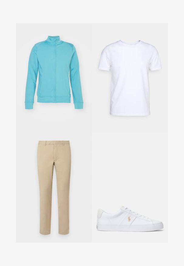 Šviesiai mėlynas užtrauktuku užsegamas džemperis su aukštu apykakliu, ilgomis rankovėmis, gijų rankovėmis ir apačia; pagamintas iš minkštos, elastingos medžiagos; minimalūs siūlai.; Balta trumpomis rankovėmis marškinėliai, pagaminti iš medvilnės audinio, su apvaliu kaklu. Paprastas dizainas be raštų ar akcentų. Lygi tekstūra.; Šviesiai rudos medvilninės kelnės tiesaus kirpimo, su diržo kilpomis, plokščiu priekiu ir siuvinėtomis apvadomis. Lygi tekstūra ir minimalus detalizavimas.; Polo Ralph Lauren SAYER CANVAS LOW TOP SNEAKER - Sportbačiai - white