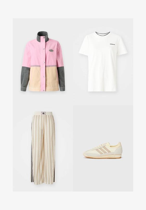 Bordás dzseki rózsaszín, bézs és szürke panelekkel, magas gallérral és logós címkével. Elülső patentos záródás és díszöltések.; Fehér pamut póló rövid ujjakkal és kerek nyakkivágással. A mellkason egy fekete Adidas logó található, valamint kontrasztos fekete belső gallér.; Krém színű, széles szárú nadrág zigzag mintával, fekete logós derékrésszel és fekete oldalsávokkal. Könnyű, texturált anyag.; Krém színű sportcipő, három bézs csíkkal, velúr és textil anyagokból, texturált talppal és dombornyomott márkázással a saroknál.