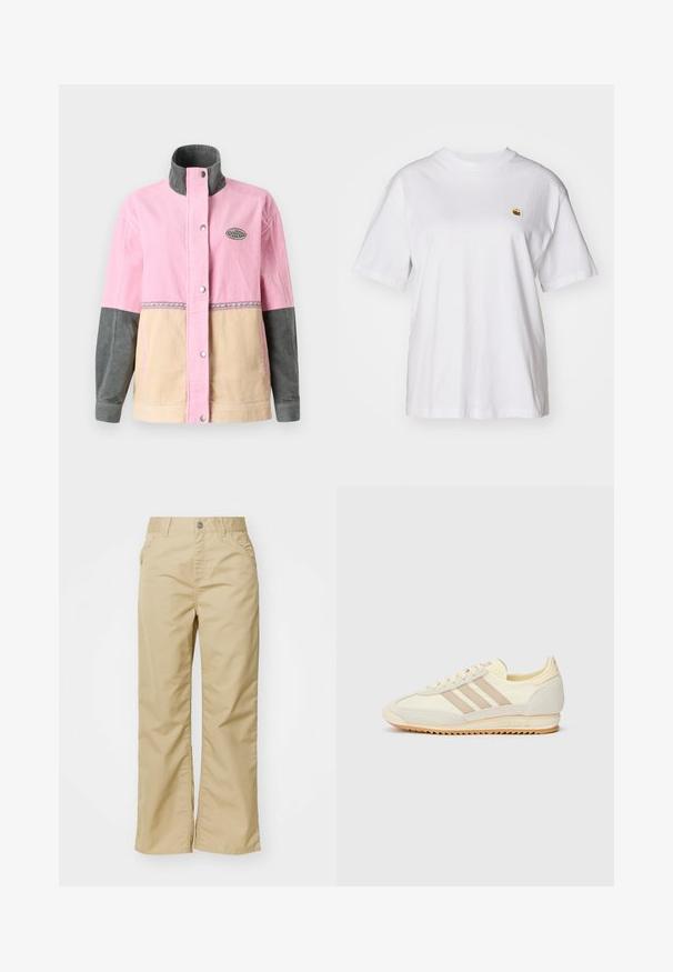 Veste en velours côtelé avec des panneaux rose, beige et gris, dotée d'un col montant et d'un patch logo. Fermeture à pression à l'avant et couture décorative.; T-shirt en coton blanc avec une coupe décontractée, des manches courtes et un petit logo brodé sur la poitrine gauche.; Pantalons larges en coton beige avec une texture lisse, dotés de poches avant et d'un bouton en argent à la taille.; Sneaker athlétique crème avec trois rayures beiges, en matériaux en suède et textile, une semelle texturée et une marque en relief sur le talon.