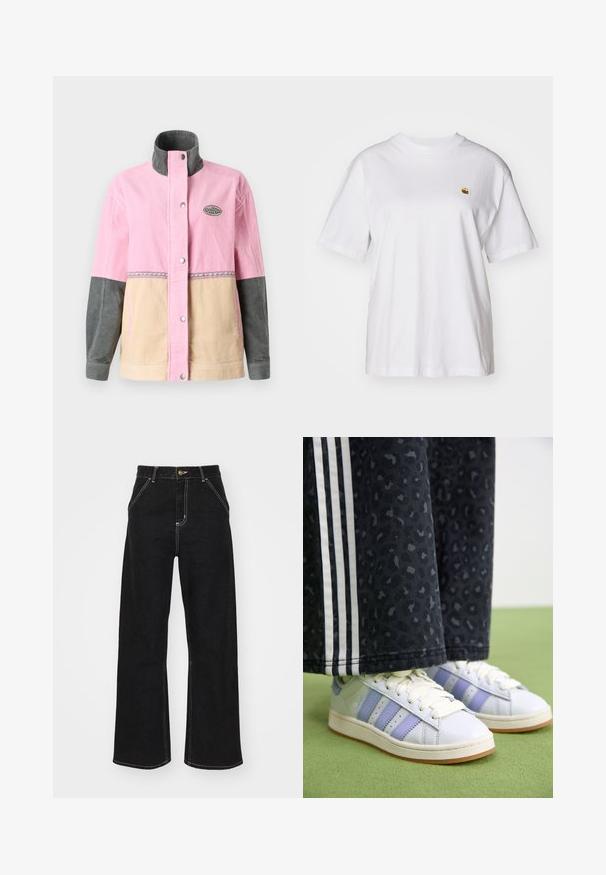 Veste en velours côtelé avec des panneaux rose, beige et gris, dotée d'un col montant et d'un patch logo. Fermeture à pression à l'avant et couture décorative.; T-shirt en coton blanc avec une coupe décontractée, des manches courtes et un petit logo brodé sur la poitrine gauche.; Jean large noir en denim, avec des coutures blanches contrastantes et une fermeture à bouton à l'avant, ainsi que deux poches avant en biais.; Baskets en cuir blanc avec des accents violet clair, trois rayures et une semelle en caoutchouc. Pantalon noir avec un subtil motif léopard et des rayures sur les côtés.