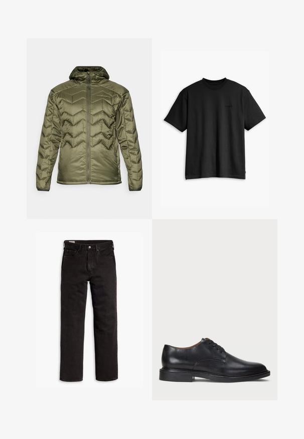 Olíva zöld párnázott dzseki cipzárral és kapucnival. Jellemzője a chevron minta, sima textúra, és rugalmas mandzsetták a biztonságos illeszkedés érdekében.; Fekete pamut póló kerek nyakkal és rövid ujjakkal. Diszkrét elülső logóval és egyenes szegéllyel rendelkezik. Egyszerű és minimalista dizájn.; Fekete egyenes szárú farmernadrág öt zsebbel, gombos záródással és övhurkokkal, fehér háttéren elhelyezve.; Fekete bőrből készült dresszcipő kerek orral, fűzős kialakítással és alacsony, rétegelt sarkával. Simás felület minimális varrási részletekkel.