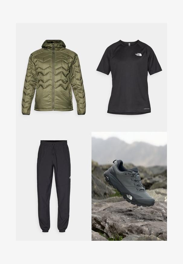 Olivengrøn polstret jakke med lynlås og hætte. Har et chevron-mønster, glat tekstur og elastiske manchetter for en sikker pasform.; Sort kortærmet træningsskjorte i tekstureret stof med et hvidt logo på venstre bryst og lige kant.; Sorte atletiske bukser lavet af letvægtsstof, med en snor i taljen, sidelommer og tapered manchetter ved anklerne.; Grå trail løbesko med en tekstureret overdel, slidstærk gummisål og forstærket tåkap. Har snørebånd og mærkelogo på siden.