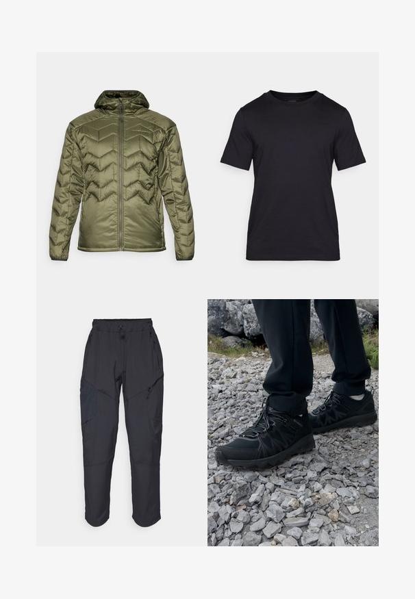 Olivi vihreä vuorattu takki, jossa on vetoketjukiinnitys ja huppu. Ominaisuuksiin kuuluu viistokuvio, sileä pinta ja joustavat hihansuut, jotka varmistavat turvallisen istuvuuden.; Mustat T-paidat, jotka on valmistettu sileästä kankaasta, jossa on pyöreä kaula-aukko ja lyhyet hihat. Huomaamaton brändäys painettuna mustana rintaan.; Mustat cargo-housut, jotka on valmistettu kevyestä, vettä hylkivästä materiaalista; niissä on joustava vyötärö, useita vetoketjullisia taskuja ja kapenevat lahkeet.; Mustat ulkokengät, joissa on verkko- ja synteettinen materiaali, teksturoitu päällinen, varma nauhoitusjärjestelmä ja kestävä pohja kivikkoisella maastolla.