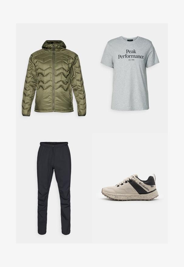 Maslinasto zelena podstavljena jakna s zatvaračem i kapuljačom. Ima chevron uzorak, glatku teksturu i elastične manžete za sigurno pristajanje.; Sivi pamučni majica s kratkim rukavima i okruglim izrezom, s crnim natpisom "Peak Performance Est. 1986" na prednjoj strani.; Crne lagane hlače s elastičnim pojasom, zatvaranjem na vezicu i suženim nogavicama. Izrađene od vodoodpornog materijala s glatkom teksturom.; Columbia tenisice u bež i crnoj boji, s mrežastim gornjim dijelom teksture, točkom midsole sa mrljama i izdržljivom gumenom potplatom za bolju prionjivost.