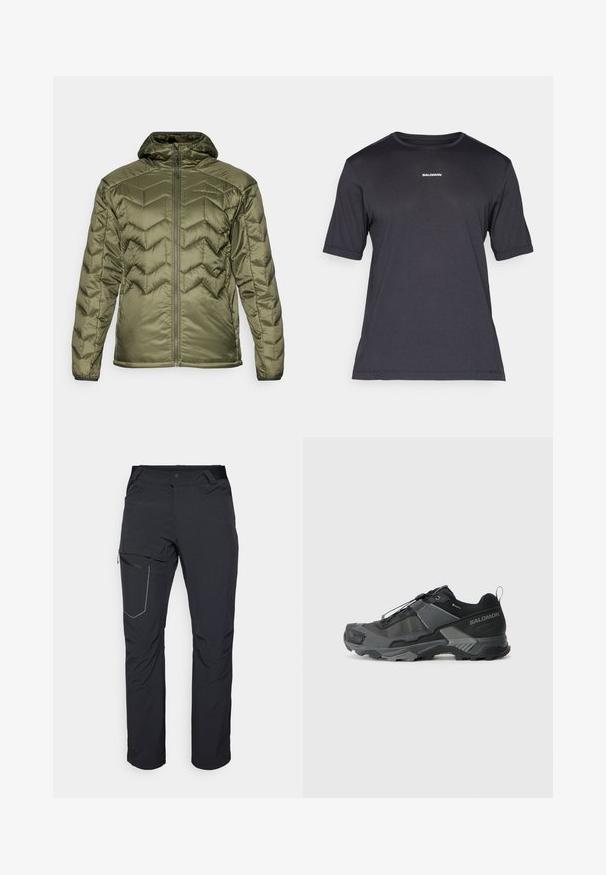 Giacca imbottita verde oliva con chiusura a zip e cappuccio. Presenta un motivo a chevron, una texture liscia e polsini elastici per una vestibilità sicura.; Maglietta performance nera a maniche corte realizzata in tessuto traspirante, con colletto a girocollo e piccolo logo bianco "SALOMON" sul petto.; Pantaloni neri da esterno con tasca a zip sulla coscia, cintura elastica e tessuto liscio, resistente all'acqua. Design pulito senza loghi visibili.; Scarpa da trail running nera con tomaia in mesh resistente, puntale rinforzato, suola in gomma testurizzata e sistema di lacci elastici per una calzata sicura.
