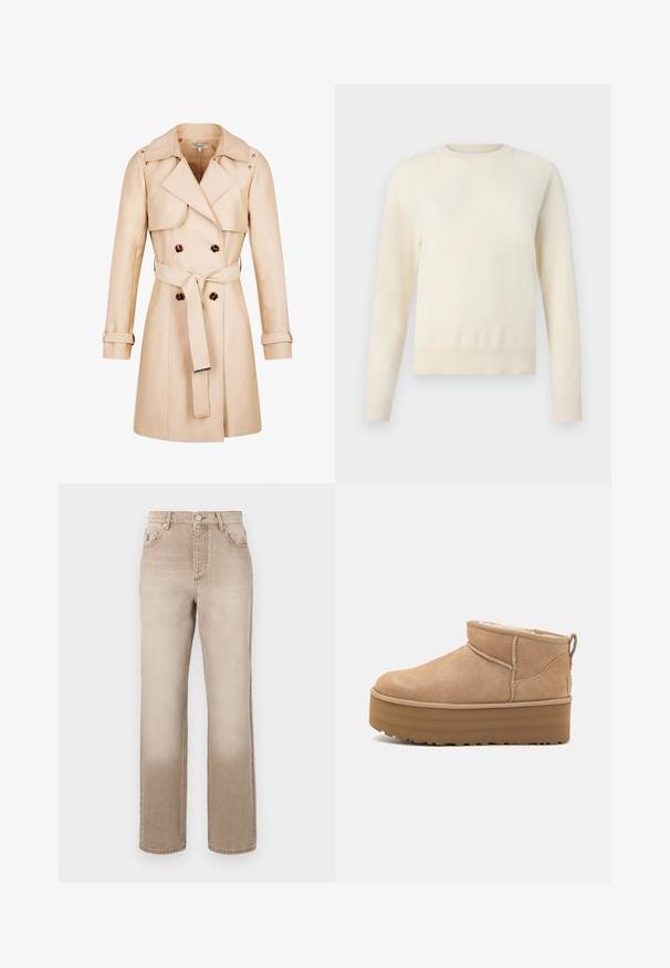 Beige trenchcoat med dubbla knappar, axelpartier, bälte i midjan och knappdetaljer. Tillverkad av mjukt, lätt tyg.; Ljuskrämsfärgad tröja med långa ärmar, rund halsringning och ribbad kant. Tillverkad av ett mjukt material med en slät yta.; Beigefärgade denimjeans med en lätt urtvättad effekt, rak ben-design, femficksstil och metallknappslutning i midjan.; Beiga mockaskängor till anklarna med en mjuk inredning, med en plattformssula och en dragsko baktill för enkel påtagning. Mönstrad gummisula.